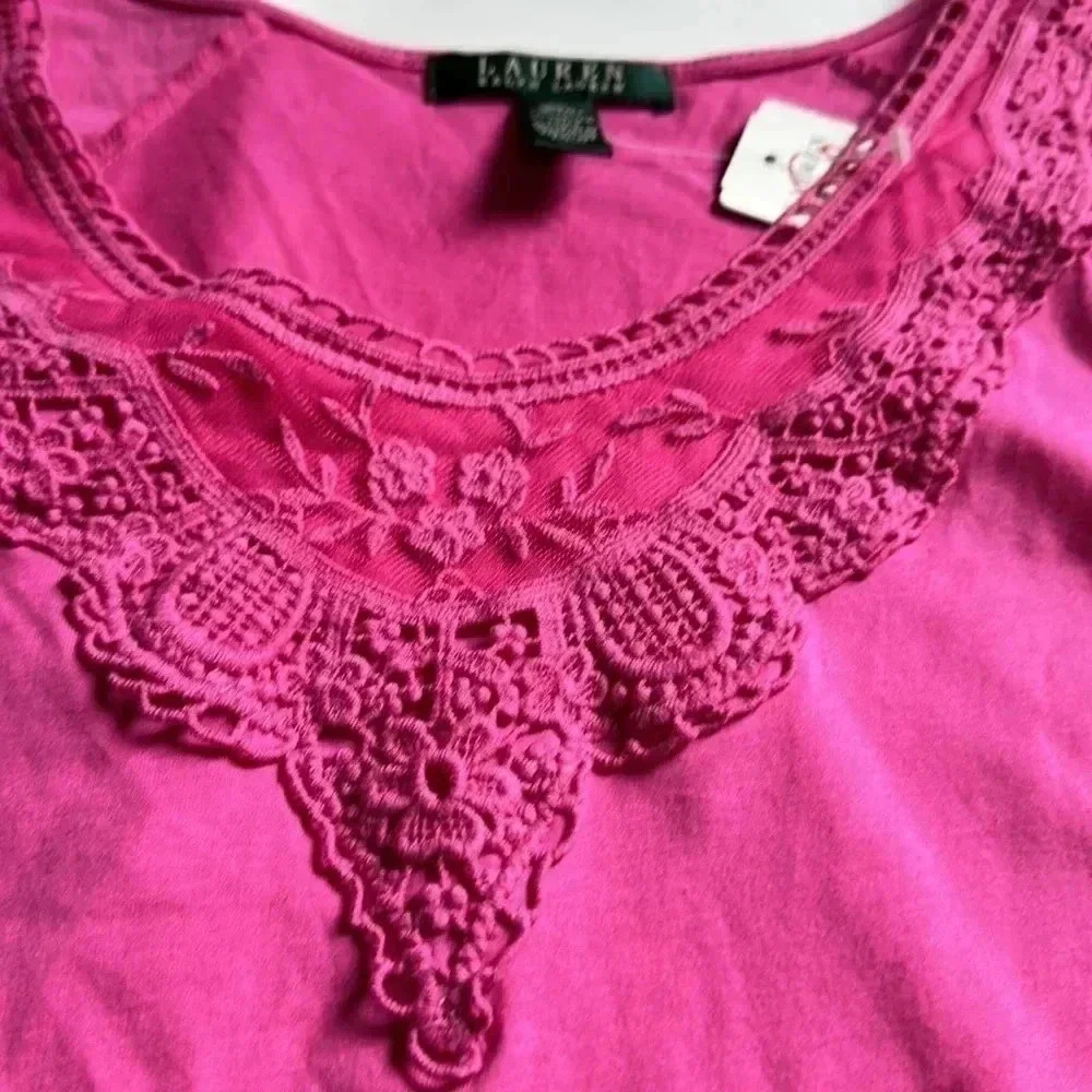 Lauren Ralph Lauren pink embroidered shirt sleeve top size XL NWT - Picture 2 of 5
